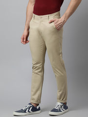 Men Light Khaki  Slim Fit Mid Rise Solid Casual Trouser