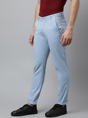 Men Light Blue  Slim Fit Mid Rise Solid Casual Trouser