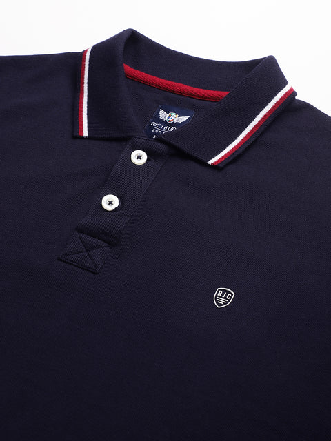 Men Navy Regular Fit Solid Polo Neck T-Shirt