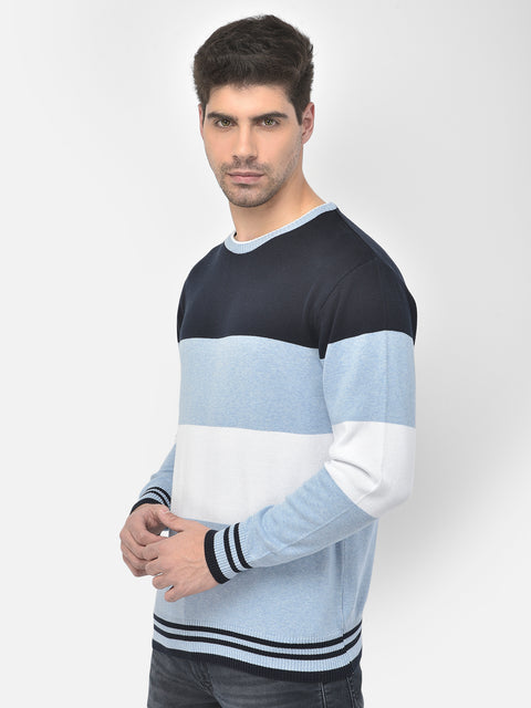 Men Navy Blue Regular Fit Round Neck Color Block Full Sleeve Sweater