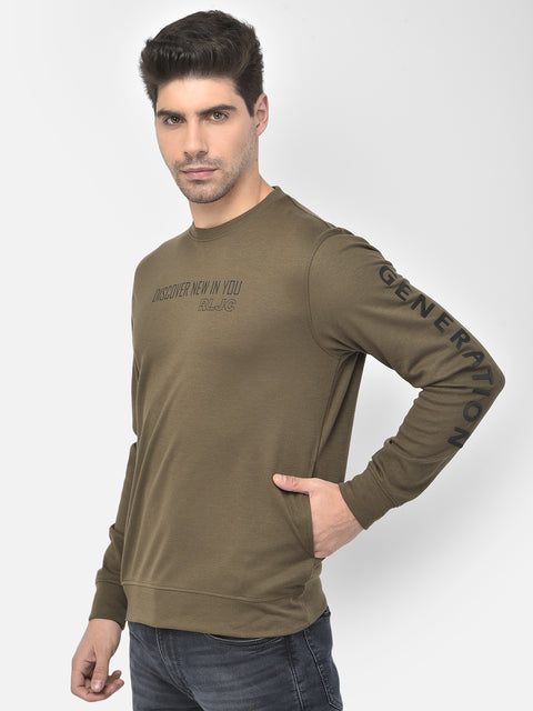 Men Olive Regular Fit Sold Casual Sweat Shirt