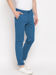 Men Blue Slim Fit Mid Rise Solid Casual Trouser