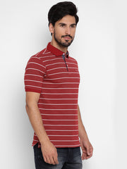 Maroon Regular Fit Striped Polo Neck T-Shirt