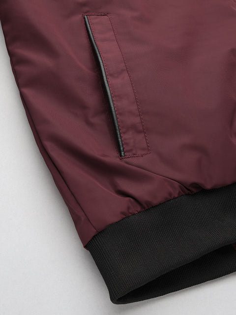 Men Maroon Regular Fit Bomber Solid Jacket