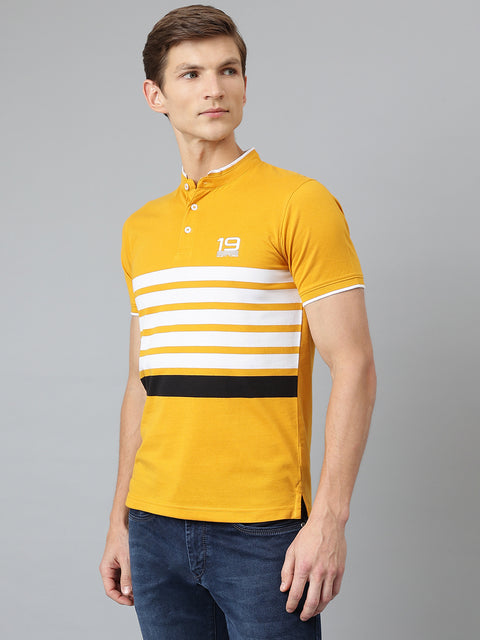 Men Mustard Regular Fit Striped Polo Neck T-Shirt