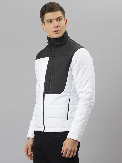 Men White Regular Fit Puffer Color Blocked Jacket