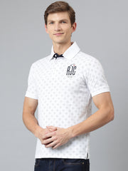 Men White Regular Fit Printed Polo Neck T-Shirt