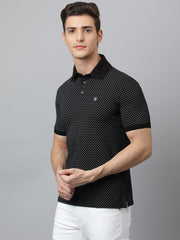 Men Black Regular Fit Printed Polo Neck T-Shirt