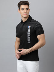 Men Black Regular Fit Checkered Polo Neck T-Shirt