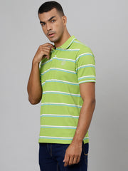 Men Green White Regular Fit Striped Polo Neck T-Shirt