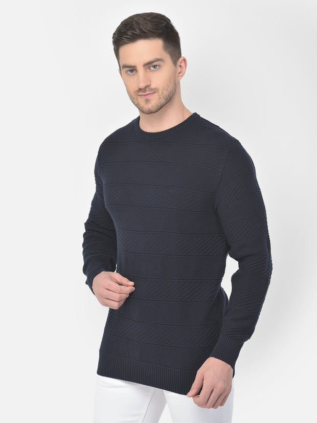 Men Navy Blue Regular Fit Round Neck Full Sleeve Sweater