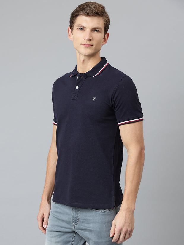 Men Navy Regular Fit Solid Polo Neck T-Shirt