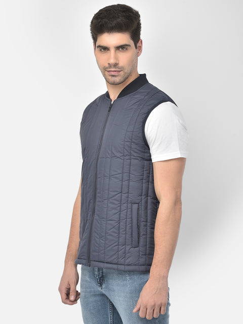 Men Navy Regular Fit Solid Sleeveless Jacket