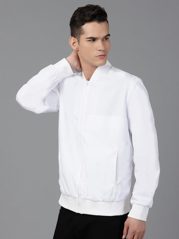 Men White Regular Fit Bomber Solid Jacket