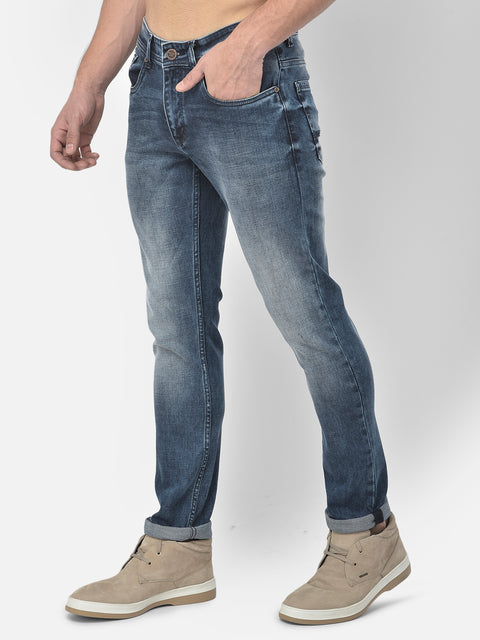 Men Blue Slim Fit Mid Rise Washed Streachable Jeans