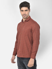 Men Rust Slim Fit Checkered Casual Shirt