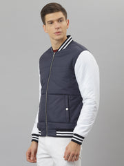 Men Navy Regular Fit Puffer Color Blocked Jacket