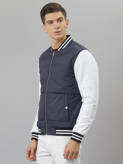 Men Navy Regular Fit Puffer Color Blocked Jacket