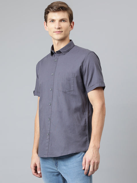 Men Dark Navy Slim Fit Solid Casual Shirt