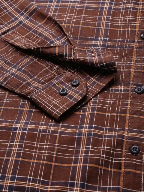 Men Brown Slim Fit Checkered Casual Shirt