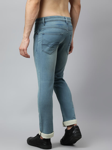 Men Sky Tint Regular Fit Mid Rise Clean Look Strechable Jeans