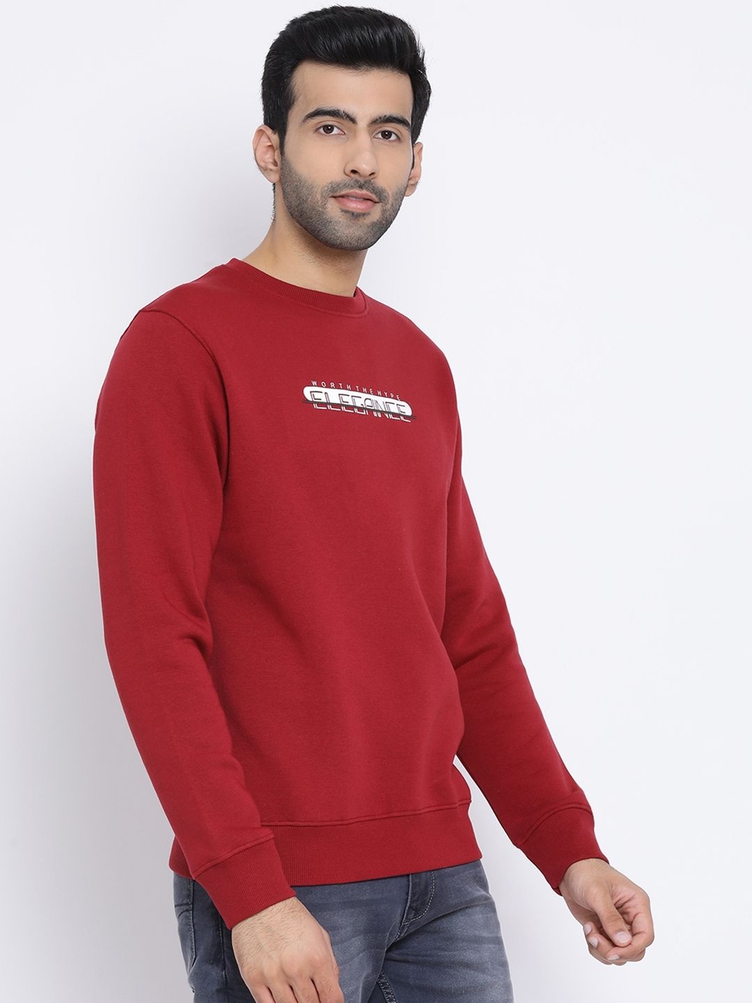 Men Dark Maroon Regular Fit Crew Neck Sweat Shirt