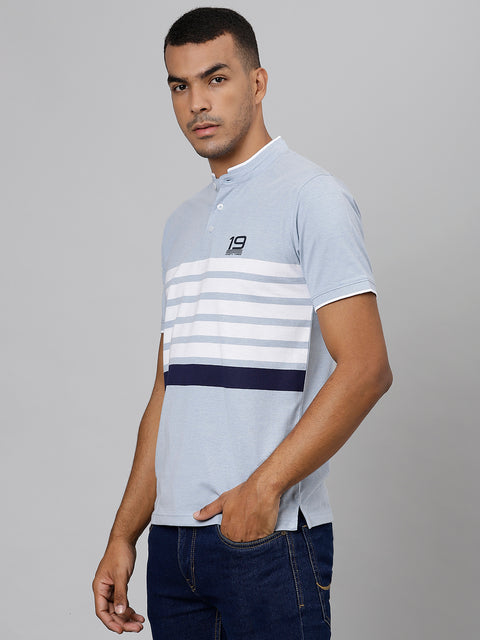 Men Sky Blue Regular Fit Striped Ben Collar T-Shirt