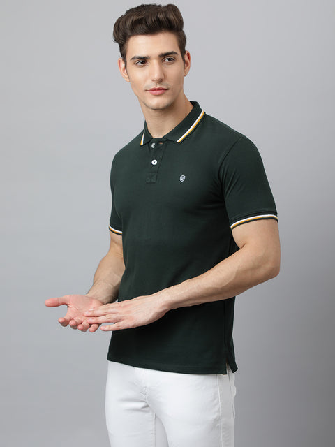 Men Forest Green Regular Fit Solid Polo Neck T-Shirt