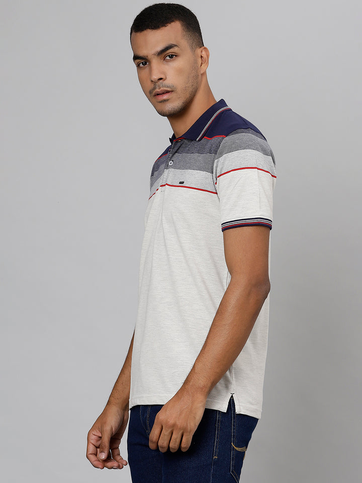Men Navy Regular Fit Color Blocked Polo Neck T-Shirt