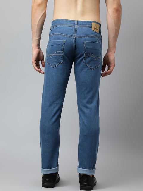 Men Mid Blue Regular Fit Mid Rise Clean Look Strechable Jeans