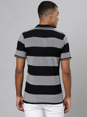 Men Grey Jet Black Regular Fit Striped Polo Neck T-Shirt