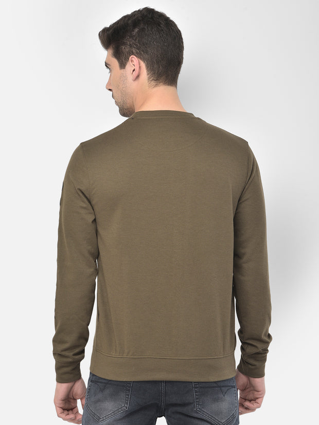 Men Olive Regular Fit Sold Casual Sweat Shirt