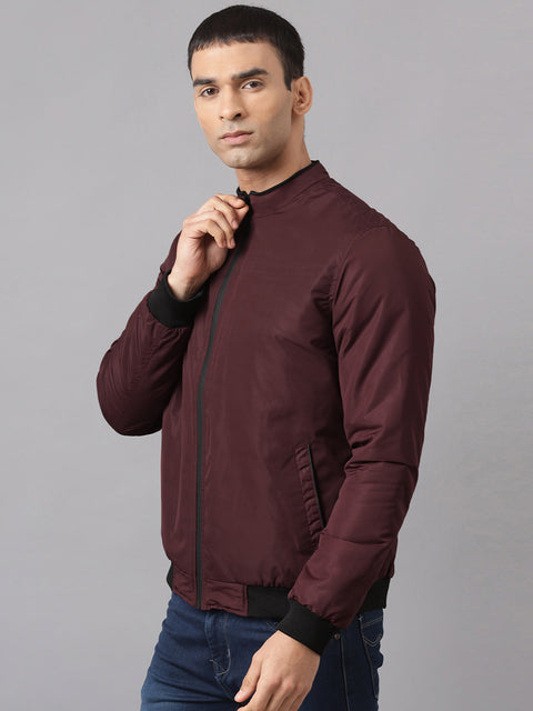 Men Maroon Regular Fit Bomber Solid Jacket