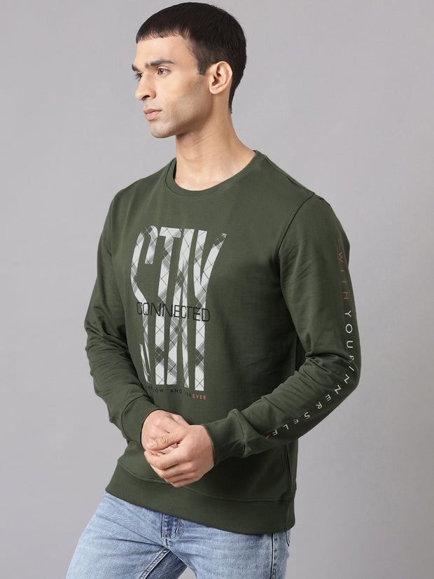 Men Olive Regular Fit Crew Neck Sweat Shirt