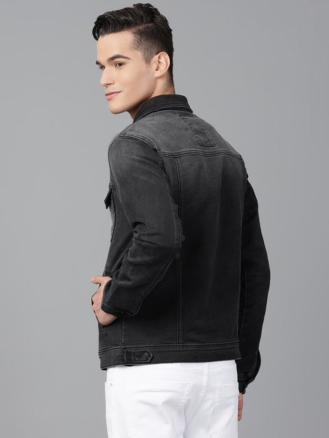 Men Grey Regular Fit Denim Solid Jacket