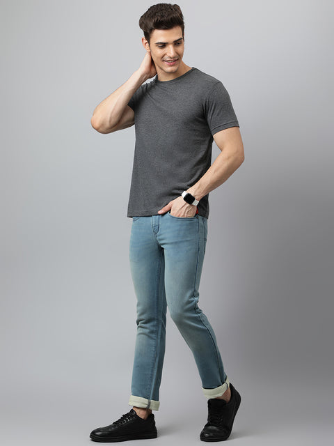 Men Sky Tint Regular Fit Mid Rise Clean Look Strechable Jeans