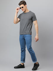 Men Mid Blue Regular Fit Mid Rise Clean Look Strechable Jeans
