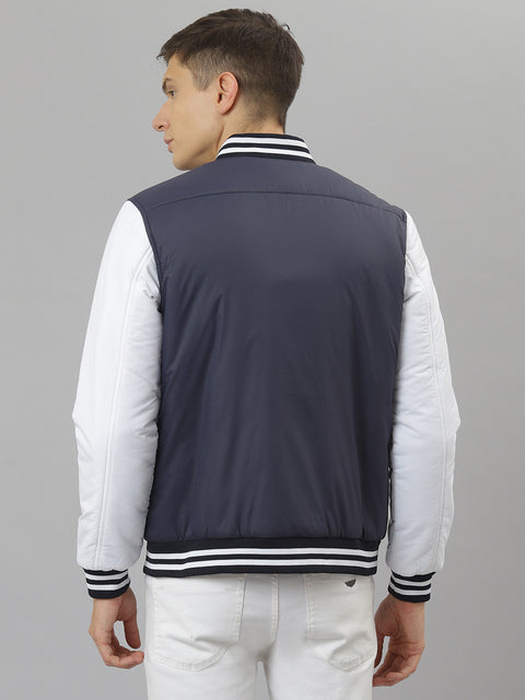 Men Navy Regular Fit Puffer Color Blocked Jacket