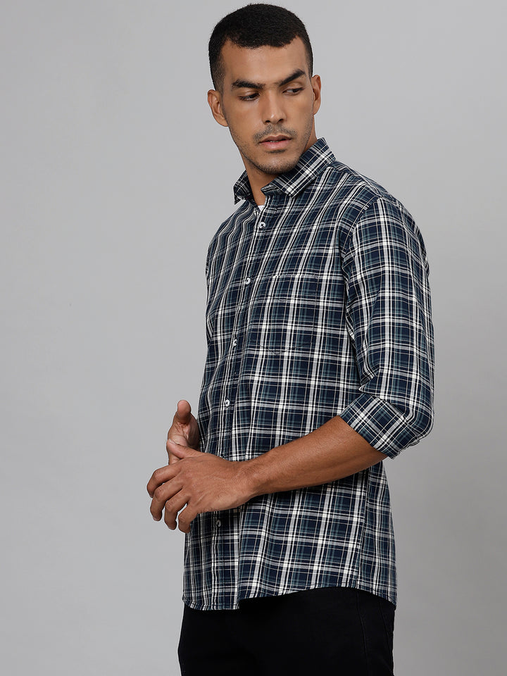 Men Navy  Slim Fit Checkered Casual Shirt