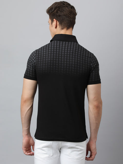 Men Black Regular Fit Checkered Polo Neck T-Shirt