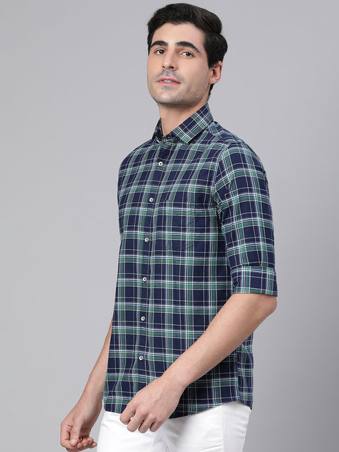 Men Green Slim Fit Checkered Casual Shirt