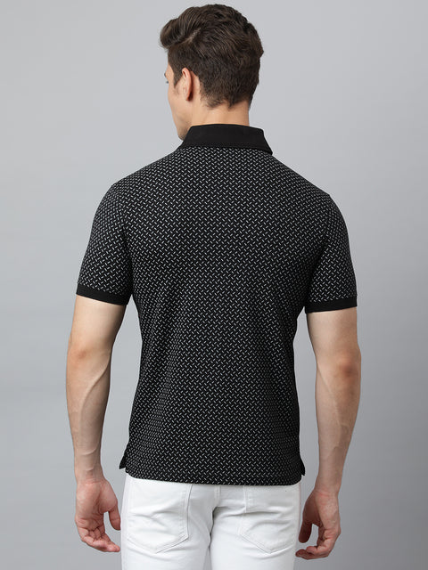 Men Black Regular Fit Printed Polo Neck T-Shirt