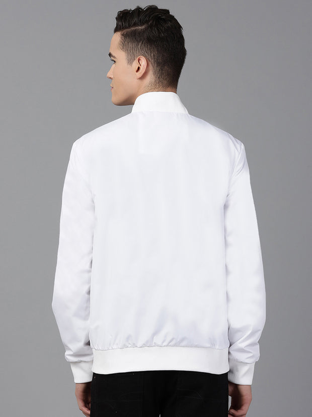 Men White Regular Fit Bomber Solid Jacket