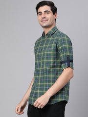 Men Green Slim Fit Checkered Casual Shirt