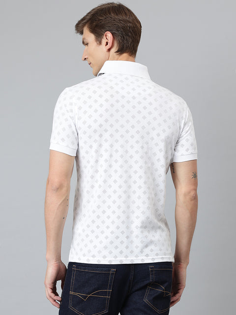 Men White Regular Fit Printed Polo Neck T-Shirt