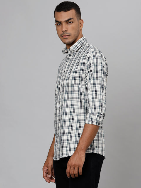 Men Cream  Slim Fit Checkered Casual Shirt