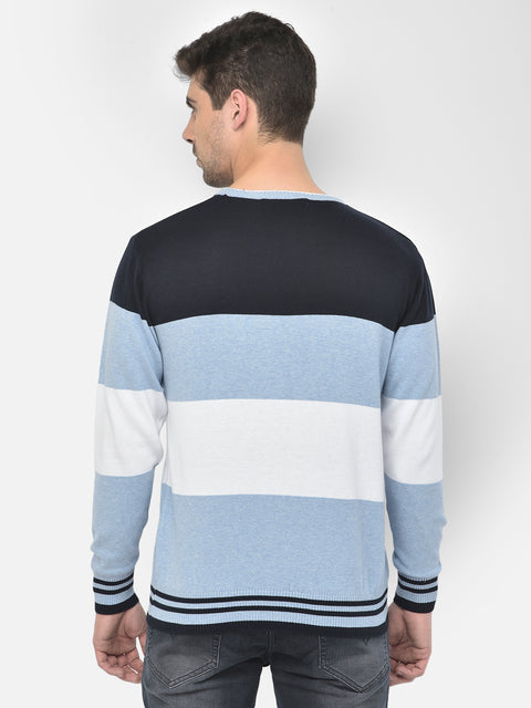 Men Navy Blue Regular Fit Round Neck Color Block Full Sleeve Sweater