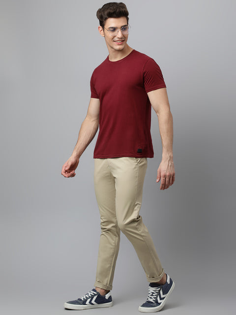 Men Light Khaki  Slim Fit Mid Rise Solid Casual Trouser