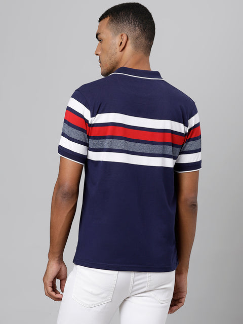 Men Navy Regular Fit Striped Polo Neck T-Shirt