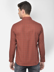 Men Rust Slim Fit Checkered Casual Shirt